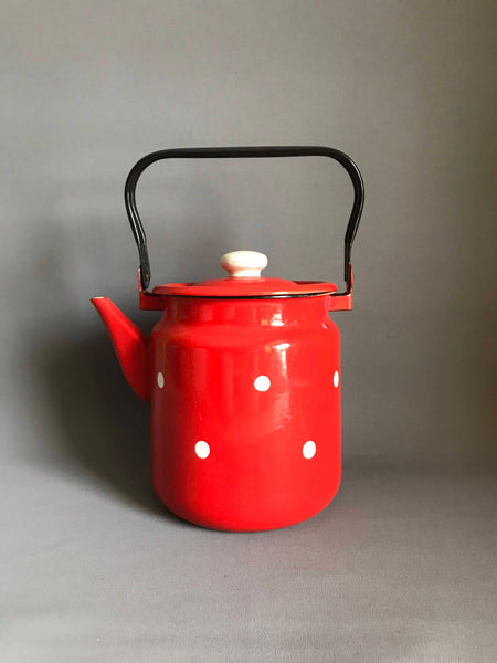 Vintage enamel kettle / enamelware / white enamel / polka dot