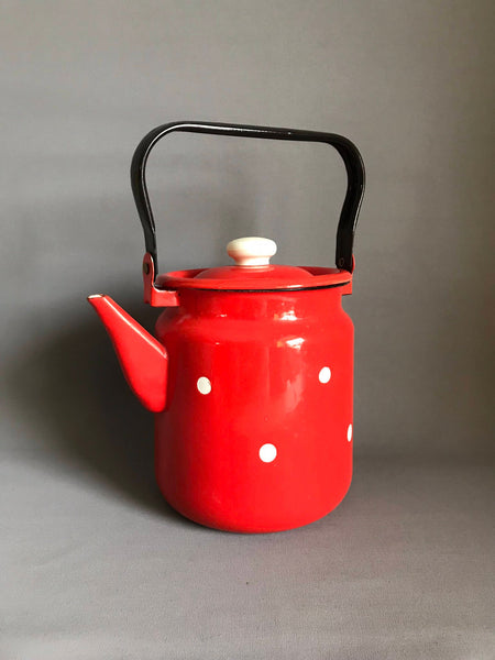 Vintage enamel kettle / enamelware / white enamel / polka dot