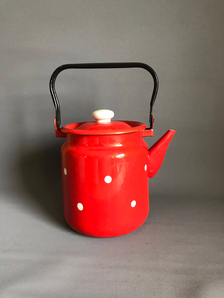 Vintage enamel kettle / enamelware / white enamel / polka dot