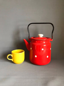 Vintage enamel kettle / enamelware / white enamel / polka dot