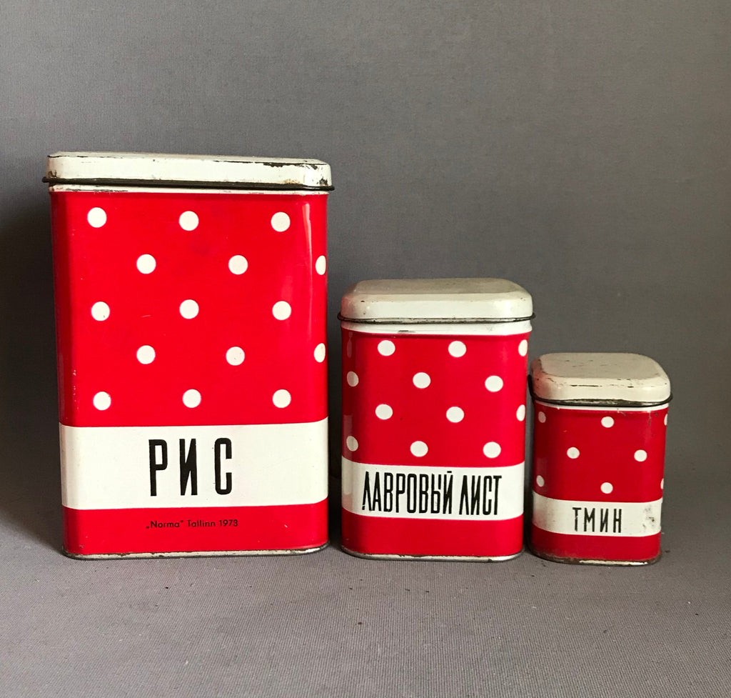 Set of 4 Vintage Tin Boxes Container Red and Gold Polka Dots Square Boxes  Antique Food Storage Kitchen Organization Soviet Metal Tin 
